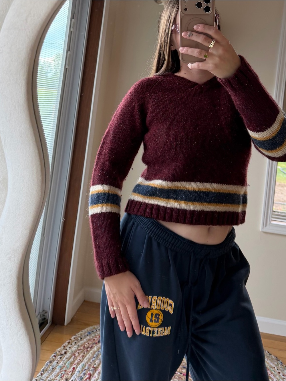 Vintage Abercrombie & Fitch Maroon Striped V-Neck Women's Sweater